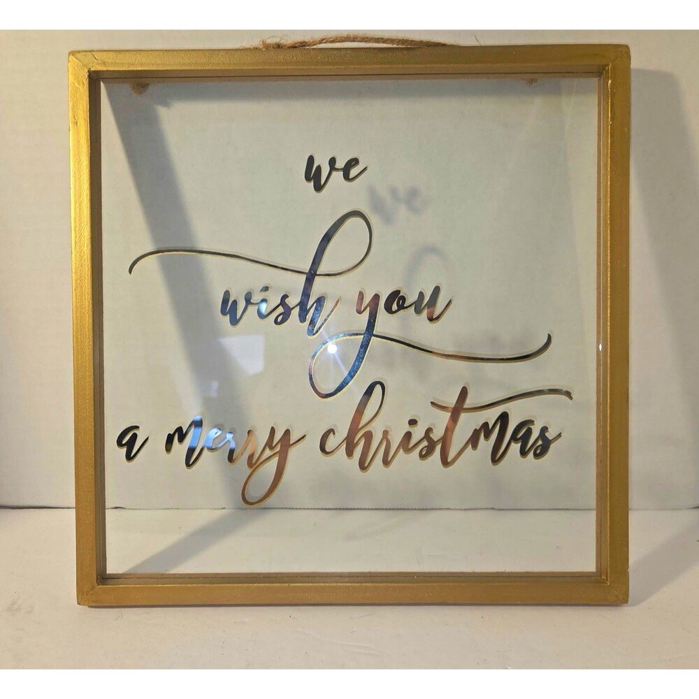 Gold Frame Glass Christmas Wall Plaque/Sign “We Wish You a Merry Christmas” 12"